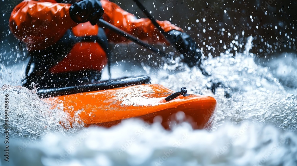 A person kayaks down a fast-moving river. A person kayaks down a fast-moving river.