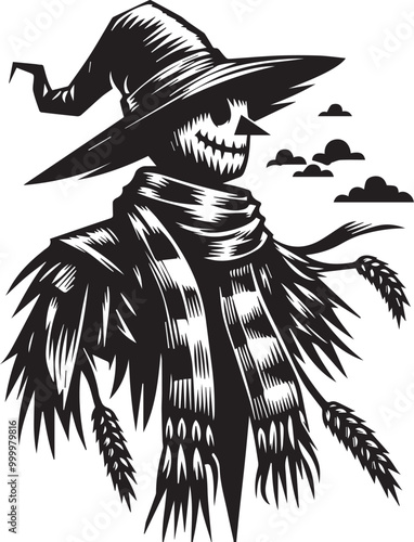 A scarecrow with a scarf and hat vector illustration silhouette