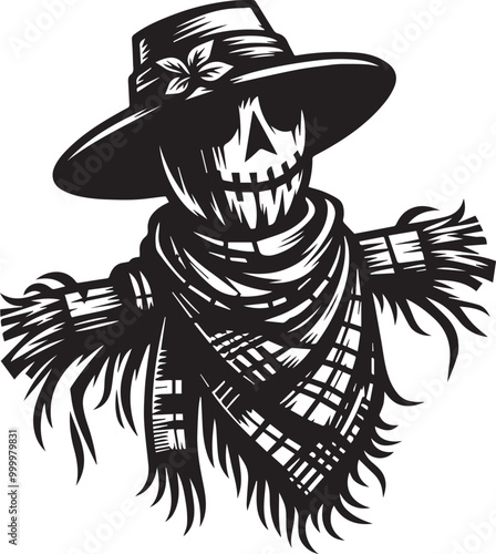 A scarecrow with a scarf and hat vector illustration silhouette