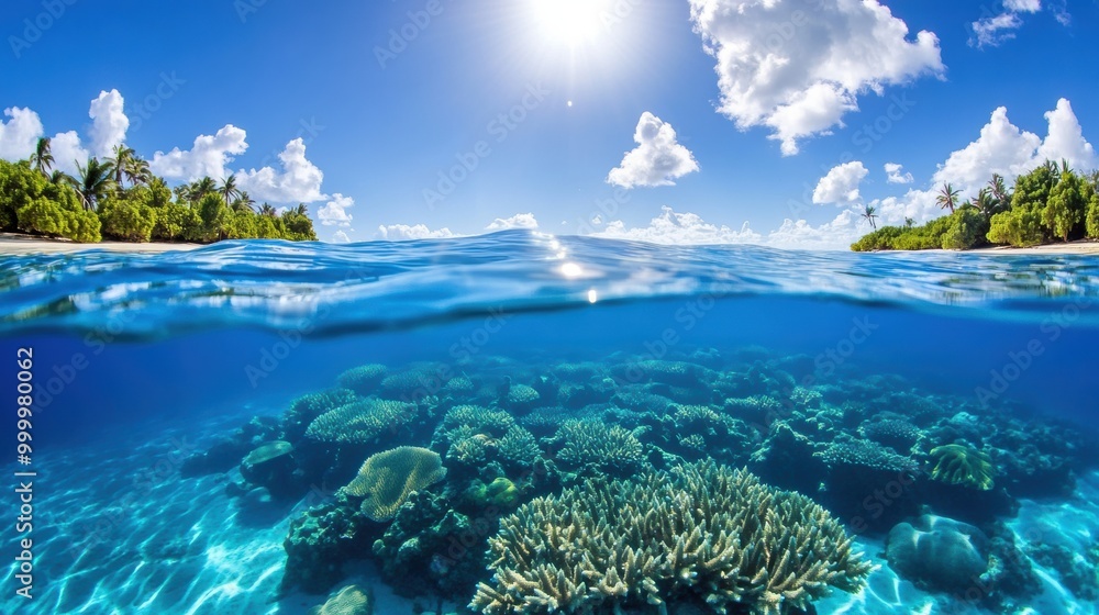Underwater Coral Reef with Tropical Beach View Underwater Coral Reef with Tropical Beach View