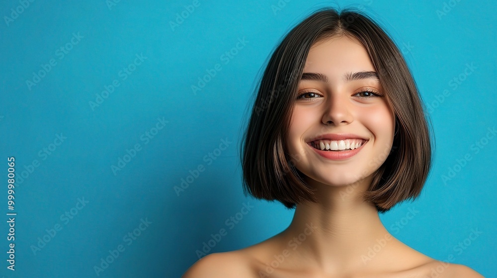 Bright Smiling Young Woman Against Blue Background Bright Smiling Young Woman Against Blue Background
