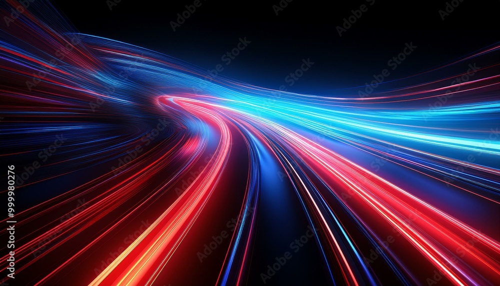 Speed light road lines. Neon effect of blue and red abstract stripes. A trace from a fast moving car. Path of laser beams. A stream of LED flashes on a black background. Speed light road lines. Neon effect of blue and red abstract stripes. A trace from a fast moving car. Path of laser beams. A stream of LED flashes on a black background.