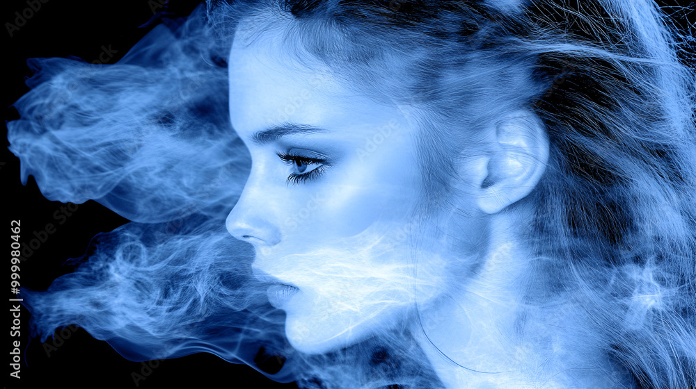 A profile view of a young woman with flowing hair surrounded by swirling blue smoke against a dark background A profile view of a young woman with flowing hair surrounded by swirling blue smoke against a dark background