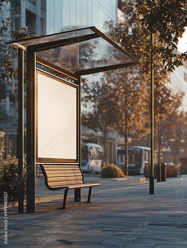 A blank white poster on the side of a bus stop shelter, with a clean glass structure and surrounding city streets in the background.