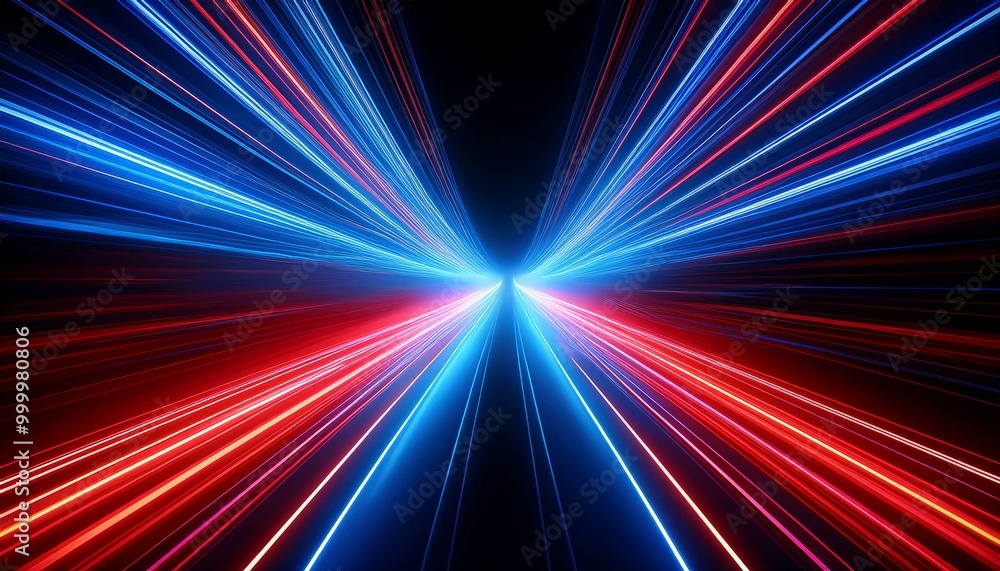 Fototapeta premium Speed light road lines. Neon effect of blue and red abstract stripes. A trace from a fast moving car. Path of laser beams. A stream of LED flashes on a black background.