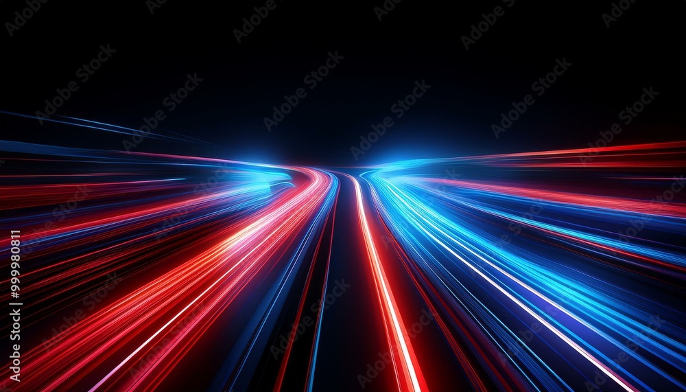 Speed light road lines. Neon effect of blue and red abstract stripes. A trace from a fast moving car. Path of laser beams. A stream of LED flashes on a black background. Speed light road lines. Neon effect of blue and red abstract stripes. A trace from a fast moving car. Path of laser beams. A stream of LED flashes on a black background.