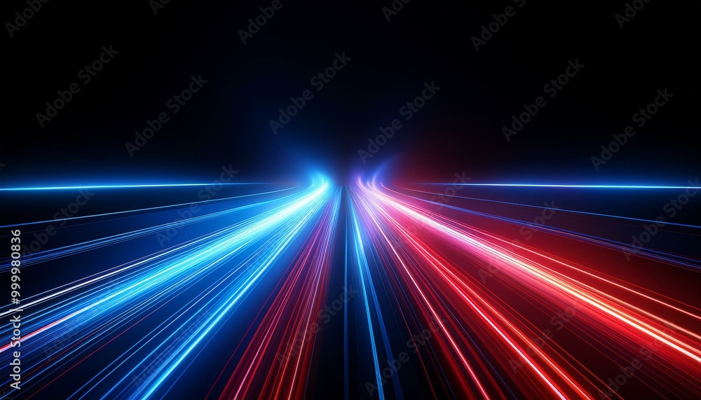 Speed light road lines. Neon effect of blue and red abstract stripes. A trace from a fast moving car. Path of laser beams. A stream of LED flashes on a black background. Speed light road lines. Neon effect of blue and red abstract stripes. A trace from a fast moving car. Path of laser beams. A stream of LED flashes on a black background.