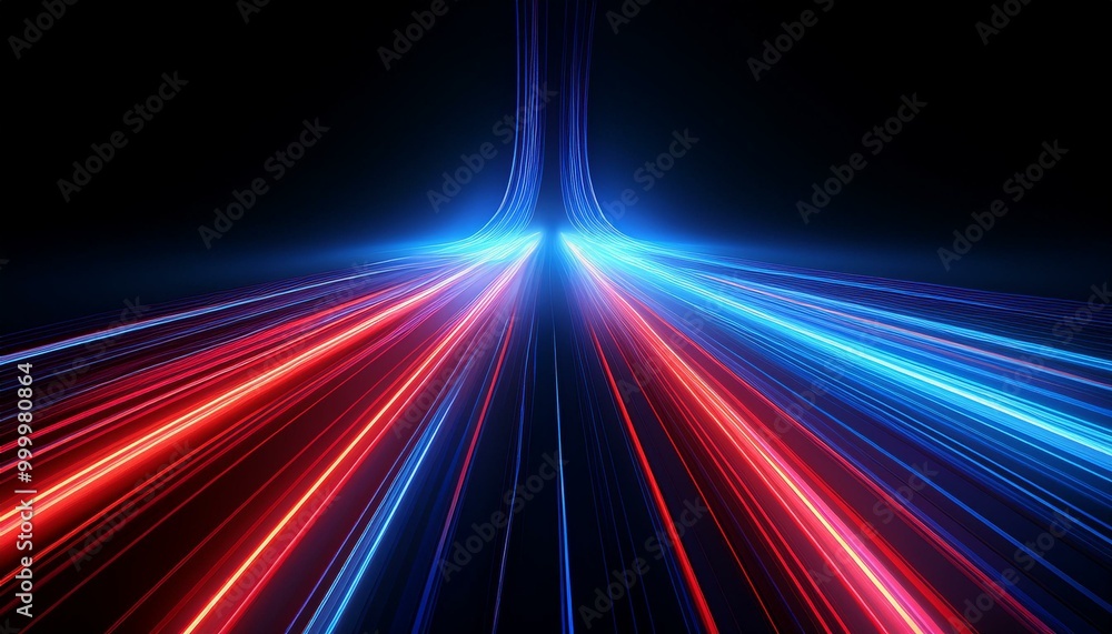 Speed light road lines. Neon effect of blue and red abstract stripes. A trace from a fast moving car. Path of laser beams. A stream of LED flashes on a black background. Speed light road lines. Neon effect of blue and red abstract stripes. A trace from a fast moving car. Path of laser beams. A stream of LED flashes on a black background.