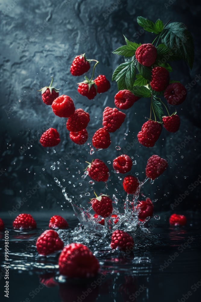 Fresh raspberry fruit with water splash