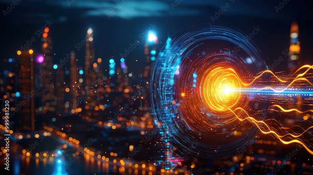 A captivating view of a vibrant light burst above a city skyline at night, showcasing a blend of technology, color, and abstract design elements. A captivating view of a vibrant light burst above a city skyline at night, showcasing a blend of technology, color, and abstract design elements.