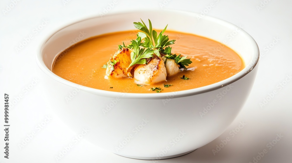 A bowl of creamy orange soup topped with seared scallops and parsley. A bowl of creamy orange soup topped with seared scallops and parsley.
