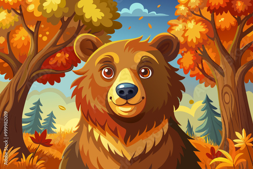 funny brown bear in autumn park with oak trees , vector cartoon illustration, landscape background