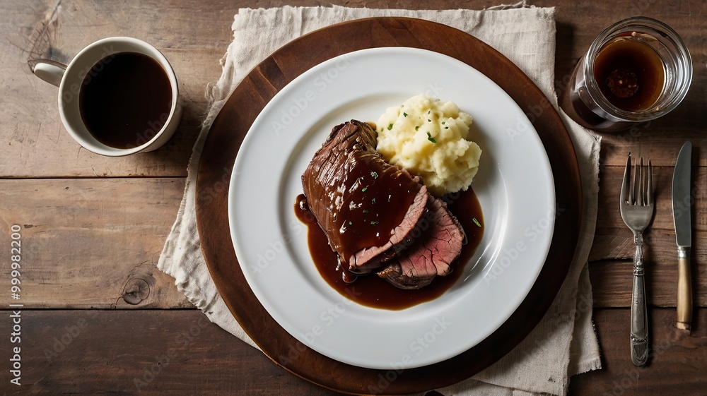 Top view of roast beef spicy covered in demi-glace gravy with mashed potatoes on a plate Churrasco on copy space plate isolated on a white background Top view of roast beef spicy covered in demi-glace gravy with mashed potatoes on a plate Churrasco on copy space plate isolated on a white background