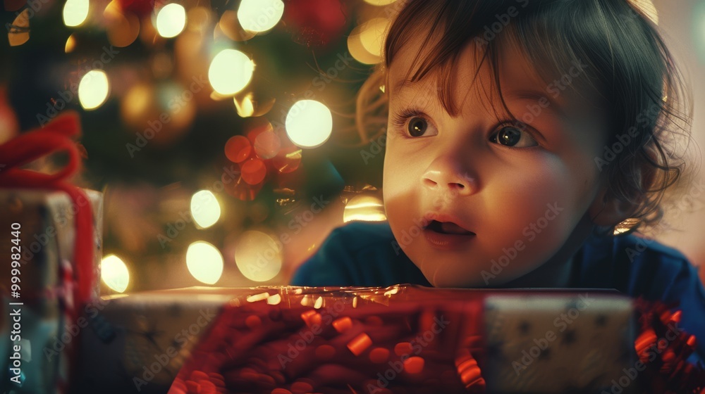 A mesmerized child gazes at a beautifully wrapped present under the Christmas tree, bathed in warm, glowing lights. A mesmerized child gazes at a beautifully wrapped present under the Christmas tree, bathed in warm, glowing lights.