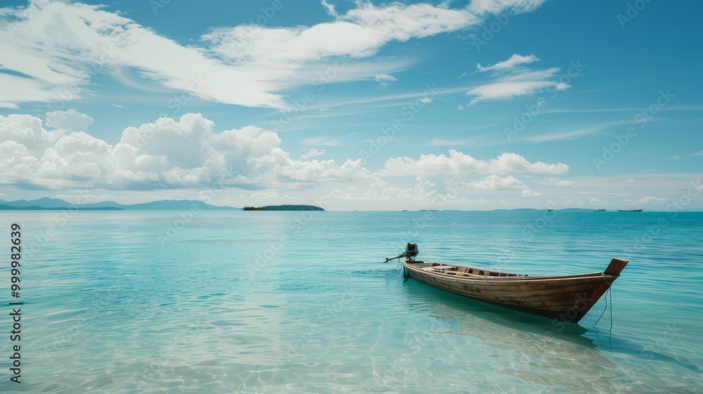 A rustic wooden boat floats on crystal-clear turquoise waters towards an island under a brilliant, cloud-spotted sky. A rustic wooden boat floats on crystal-clear turquoise waters towards an island under a brilliant, cloud-spotted sky.