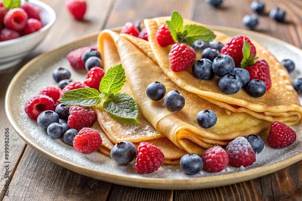 Homemade crepes with raspberries and blueberries from a unique worm's eye view Homemade crepes with raspberries and blueberries from a unique worm's eye view
