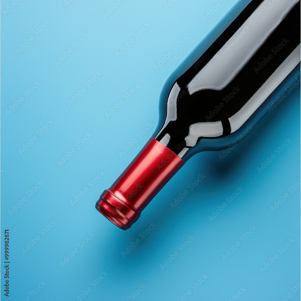 Closeup of red wine bottle on blue background Detailed closeup of a red wine bottle with a shiny red cap, placed on a bold blue background. Ideal for beverage branding Closeup of red wine bottle on blue background Detailed closeup of a red wine bottle with a shiny red cap, placed on a bold blue background. Ideal for beverage branding