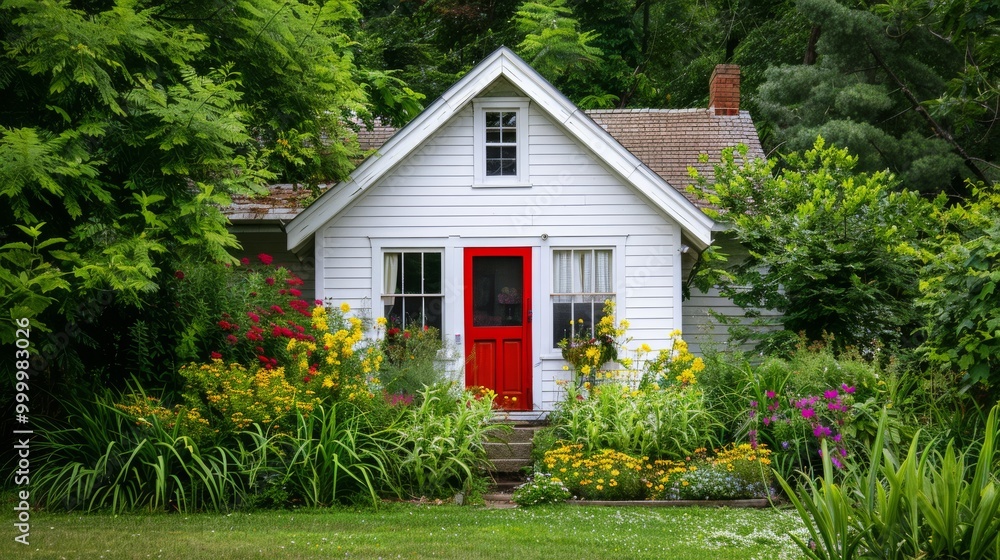 A charming white house with a red door, nestled in a vibrant, well-tended garden bursting with flowers. A charming white house with a red door, nestled in a vibrant, well-tended garden bursting with flowers.