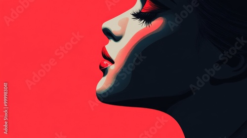 Elegant Modern Portrait: Captivating Female Profile in Vibrant Red and Artistic Color Play