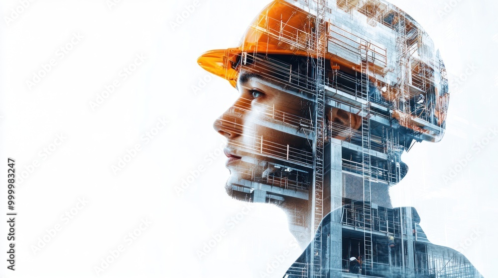 A double exposure of a construction worker with a building overlay, symbolizing industry and innovation. A double exposure of a construction worker with a building overlay, symbolizing industry and innovation.