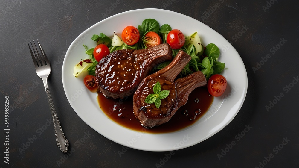 Top view of roast beef spicy covered in demi-glace gravy with mashed potatoes on a plate Churrasco on copy space plate isolated on a white background Top view of roast beef spicy covered in demi-glace gravy with mashed potatoes on a plate Churrasco on copy space plate isolated on a white background