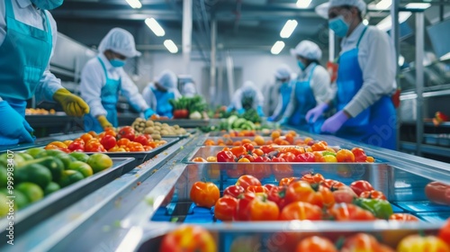 Workers in protective gear sort a variety of fresh vegetables on an assembly line in a well-lit, modern food processing facility. photo