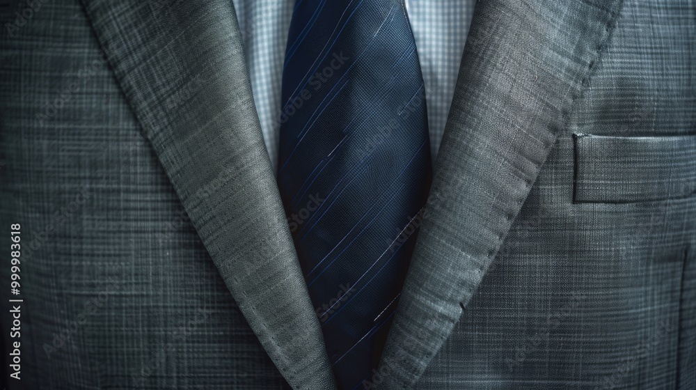 An impeccable gray suit with a navy tie, marked by detailed stitching and a pocket square, embodying classic business fashion and meticulous tailoring. An impeccable gray suit with a navy tie, marked by detailed stitching and a pocket square, embodying classic business fashion and meticulous tailoring.