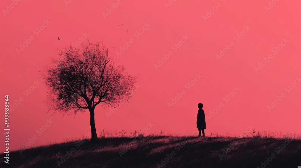 Silhouetted Girl Gazing at a Tree Against a Vibrant Sunset Sky Silhouetted Girl Gazing at a Tree Against a Vibrant Sunset Sky