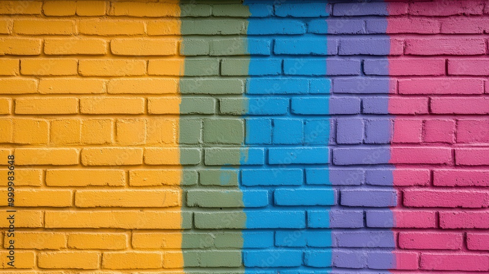 A vibrant brick wall painted in a colorful palette of yellow, green, blue, purple, and pink, creating a playful and eye-catching urban background A vibrant brick wall painted in a colorful palette of yellow, green, blue, purple, and pink, creating a playful and eye-catching urban background