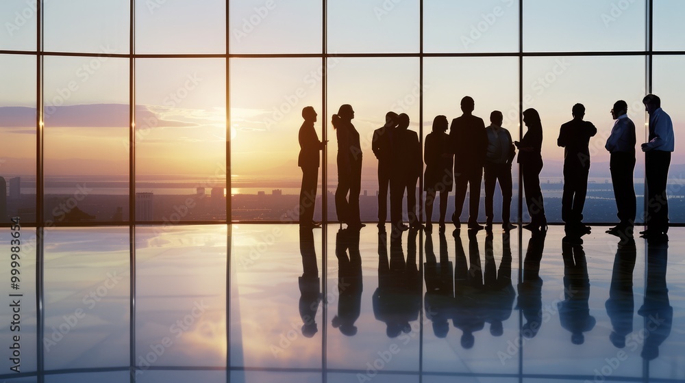 People gathering in an elegant, sunlit office space with floor-to-ceiling windows, overlooking a mesmerizing sunset over the city skyline. People gathering in an elegant, sunlit office space with floor-to-ceiling windows, overlooking a mesmerizing sunset over the city skyline.