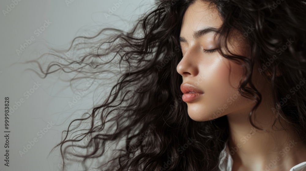 A profile shot of a woman with curly hair gently blowing in the wind, eyes closed, and a peaceful expression on her face. A profile shot of a woman with curly hair gently blowing in the wind, eyes closed, and a peaceful expression on her face.