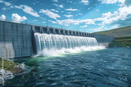 A large concrete dam releases a massive flow of water, creating a waterfall into a river under a clear blue sky.