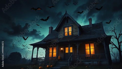 A house with bats flying in front of a full moon.