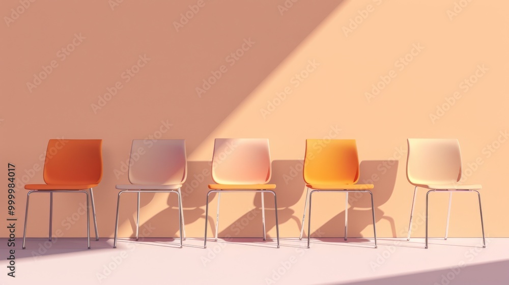 Five vibrant orange and light pink chairs in a row against a bright wall, illuminated by diagonal sunlight, casting dynamic shadows on the floor. Five vibrant orange and light pink chairs in a row against a bright wall, illuminated by diagonal sunlight, casting dynamic shadows on the floor.