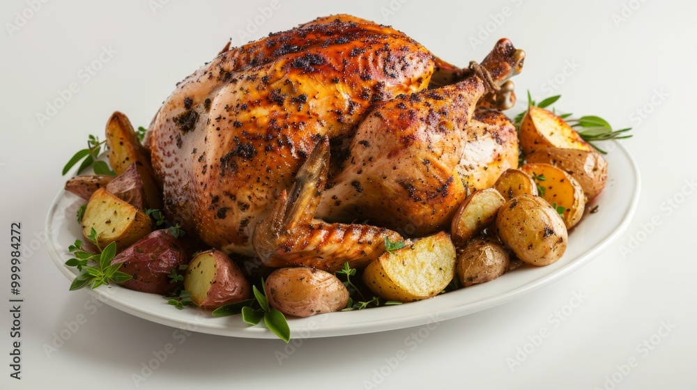 A perfectly roasted chicken with crispy skin, surrounded by roasted potatoes and garnished with herbs on a white platter. A perfectly roasted chicken with crispy skin, surrounded by roasted potatoes and garnished with herbs on a white platter.