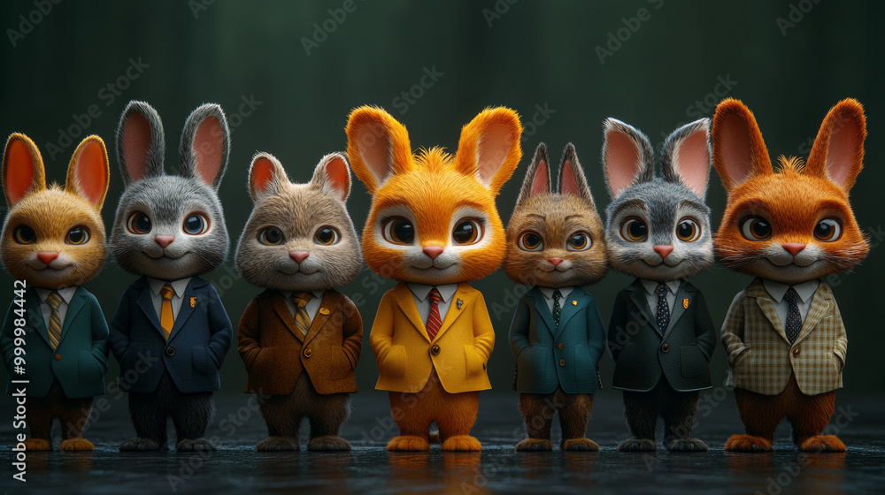 A line of cute bunnies dressed in suits. A line of cute bunnies dressed in suits.