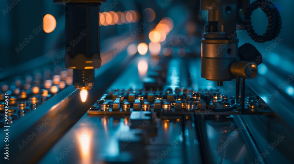 Detailed view of automated machinery performing precise laser soldering on intricate electronic components, highlighted with ambient green lighting. Detailed view of automated machinery performing precise laser soldering on intricate electronic components, highlighted with ambient green lighting.