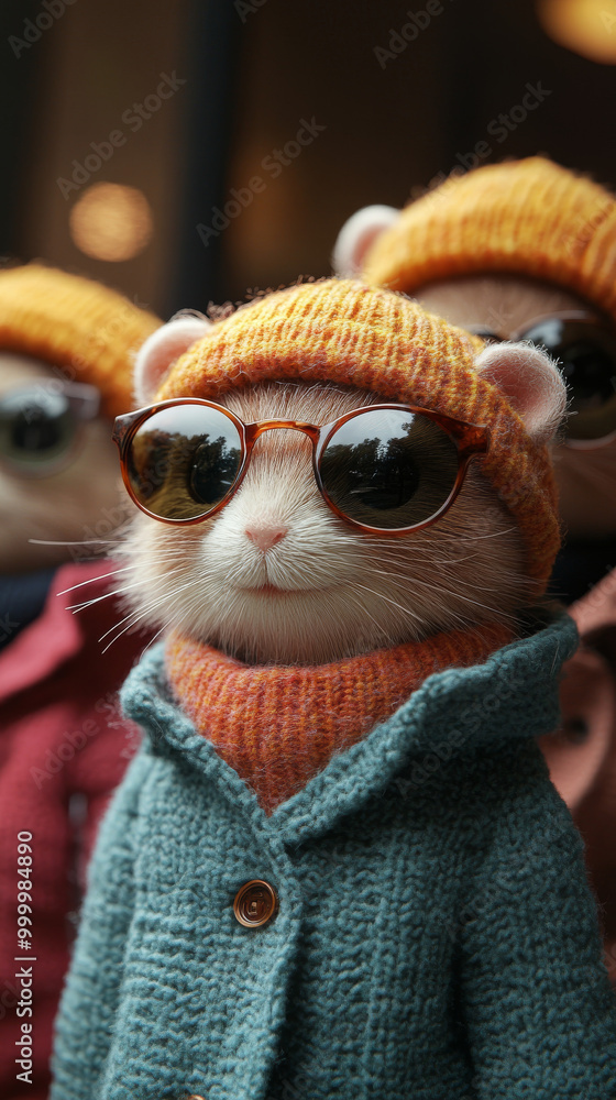 A cute hamster wearing a knitted hat and sunglasses. A cute hamster wearing a knitted hat and sunglasses.