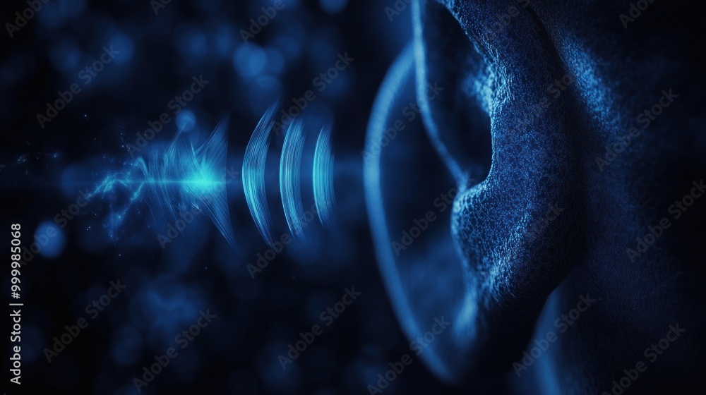 An abstract representation of sound waves interacting with an ear in a blue-toned environment. An abstract representation of sound waves interacting with an ear in a blue-toned environment.