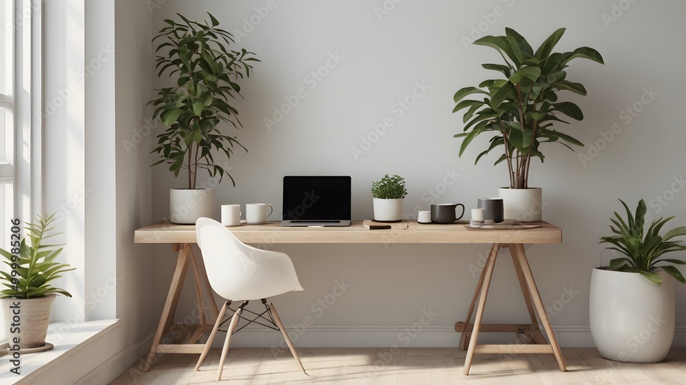Fototapeta premium desk with laptop, cup of coffee and plants in bright modern space.