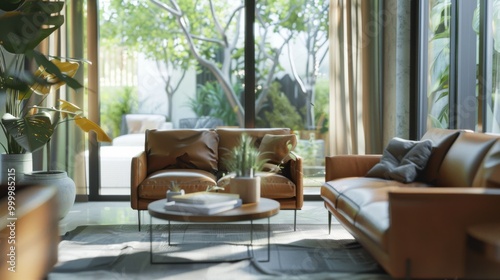 Serene living room with contemporary leather sofas, a minimalist coffee table, lush indoor plants, and abundant natural light streaming through large windows to outdoor greenery.