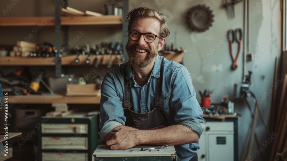 A cheerful man with glasses and a denim shirt leans on a table in his workshop, filled with tools and materials, exuding joy and contentment. A cheerful man with glasses and a denim shirt leans on a table in his workshop, filled with tools and materials, exuding joy and contentment.