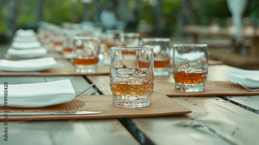 Whiskey glasses neatly arranged on a wooden table at an outdoor gathering, exuding a sophisticated and inviting atmosphere for an evening event. Whiskey glasses neatly arranged on a wooden table at an outdoor gathering, exuding a sophisticated and inviting atmosphere for an evening event.