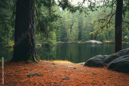 Lake in the woods with green trees and rocks in the spring