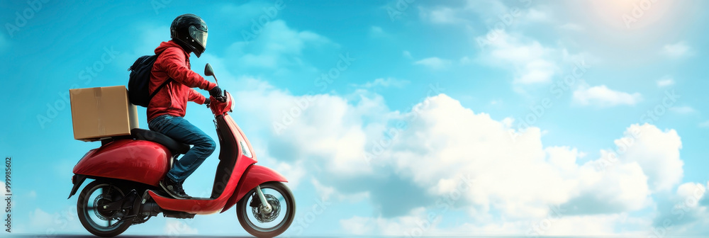 Fototapeta premium Delivery man on a scooter delivers goods. Delivery of products and food. The use of motorbikes by couriers to transport goods and make deliveries. Horizontal banner. Copy space