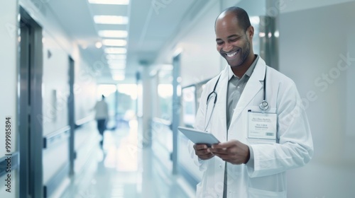 A smiling doctor in a white coat checks a tablet in a bright, modern hospital hallway, exuding a sense of professionalism and care.