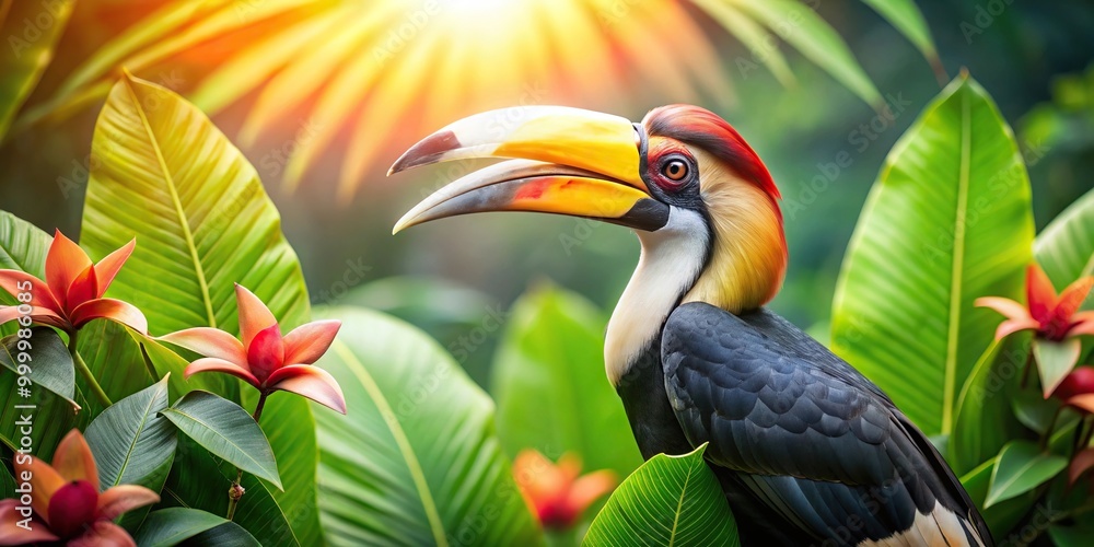Obraz premium Hornbill art with tropical flowers and botanical leaves background Close-Up