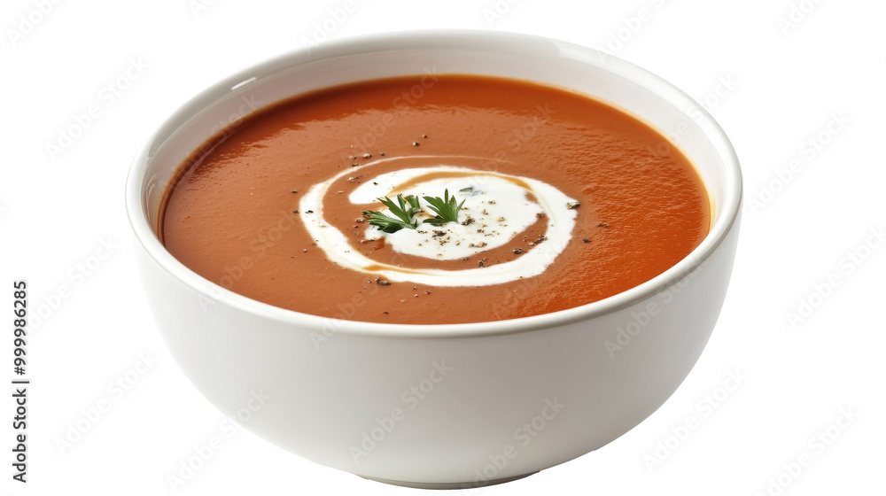 A bowl of creamy tomato soup with a swirl of cream, solated on transparent background, PNG file A bowl of creamy tomato soup with a swirl of cream, solated on transparent background, PNG file