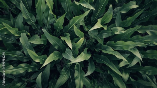 A detailed close-up aerial shot of lush green leaves in a densely packed cornfield, highlighting the intricate patterns and textures of the foliage. photo