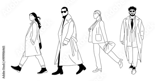 Set of different people walking line art drawing. Group of business men, women in formal suit, autumn coats, smart casual attire outline vector isolated on transparent background.